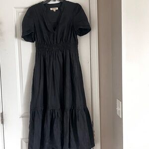 Boden Black Smocked Midi Dress - Puff Sleeves, Size 8R